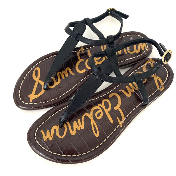 Sam Edelman Gigi Leather T Strap Flat Sandal Thong Toe Ankle Strap Black 5.5 - Picture 3 of 10